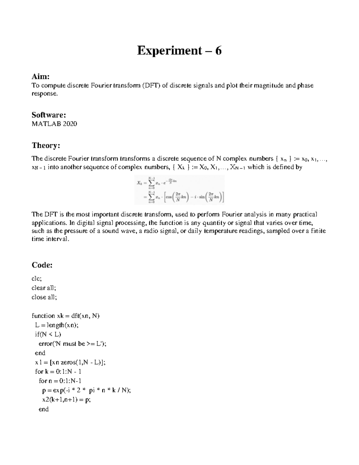 Digital Signal Processing lab 6 Experiment 6 Aim To compute