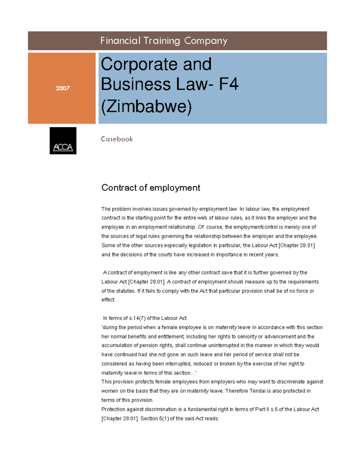 05 Employment - notes - 2007 Corporate and Business Law- F (Zimbabwe