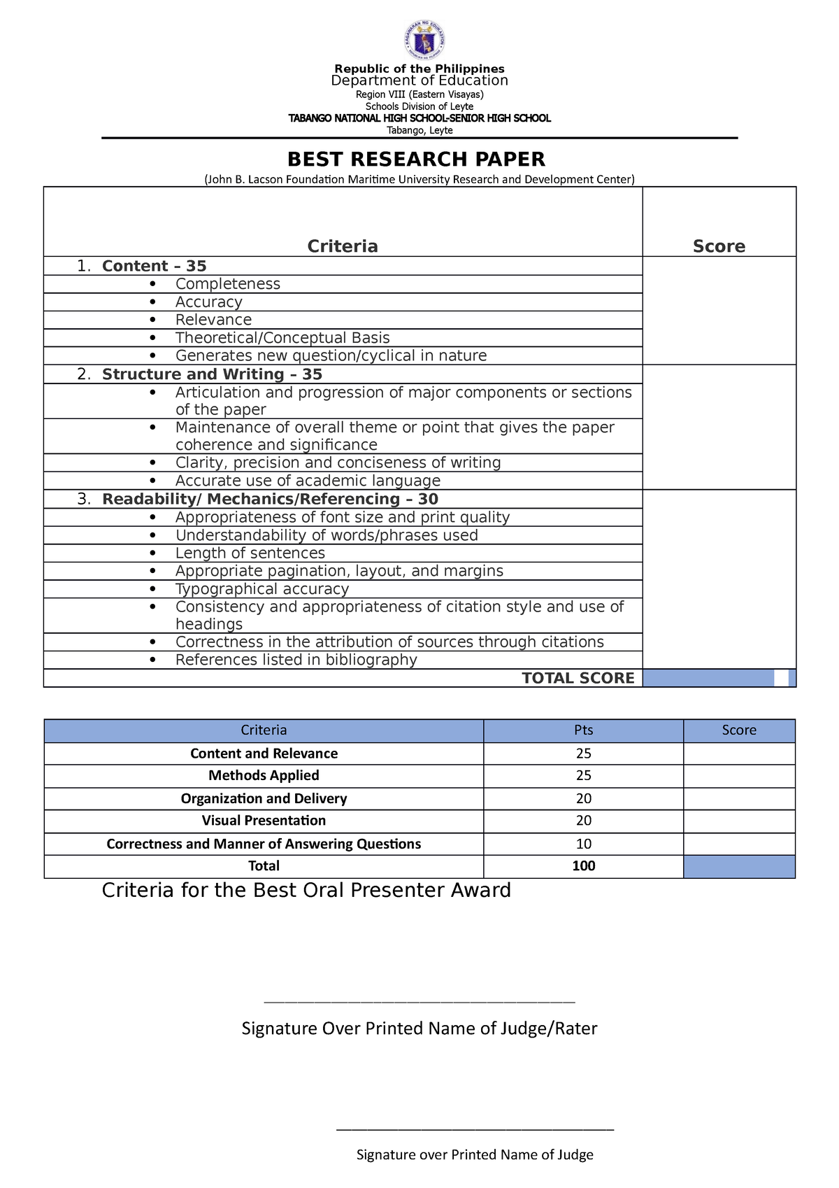 criteria for best research paper award