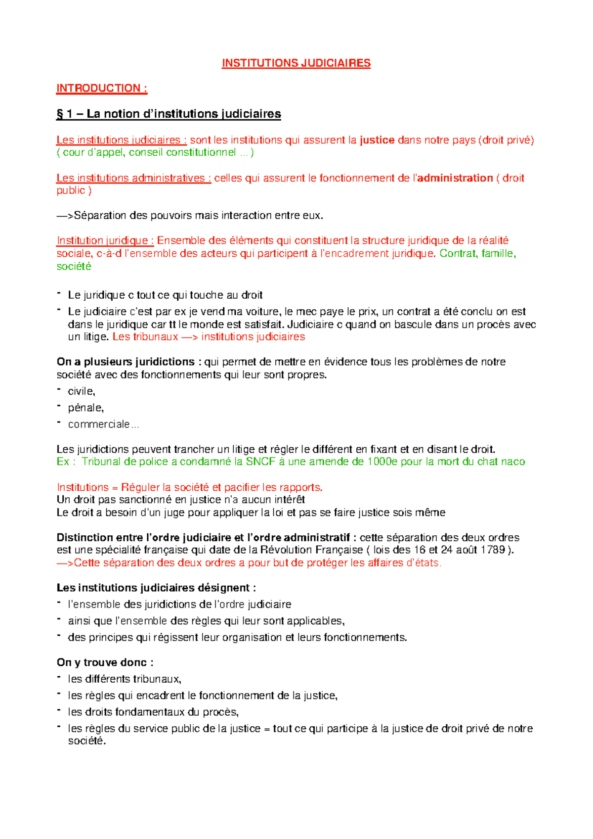 Cours Complet année - INSTITUTIONS JUDICIAIRES INTRODUCTION : § 1 – La ...