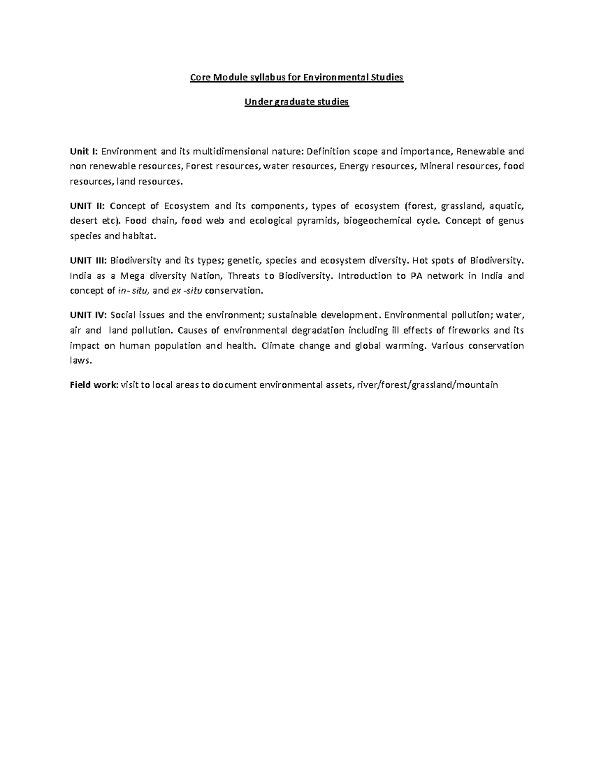Syllabus EVS - Core Module syllabus for Environmental Studies Under ...