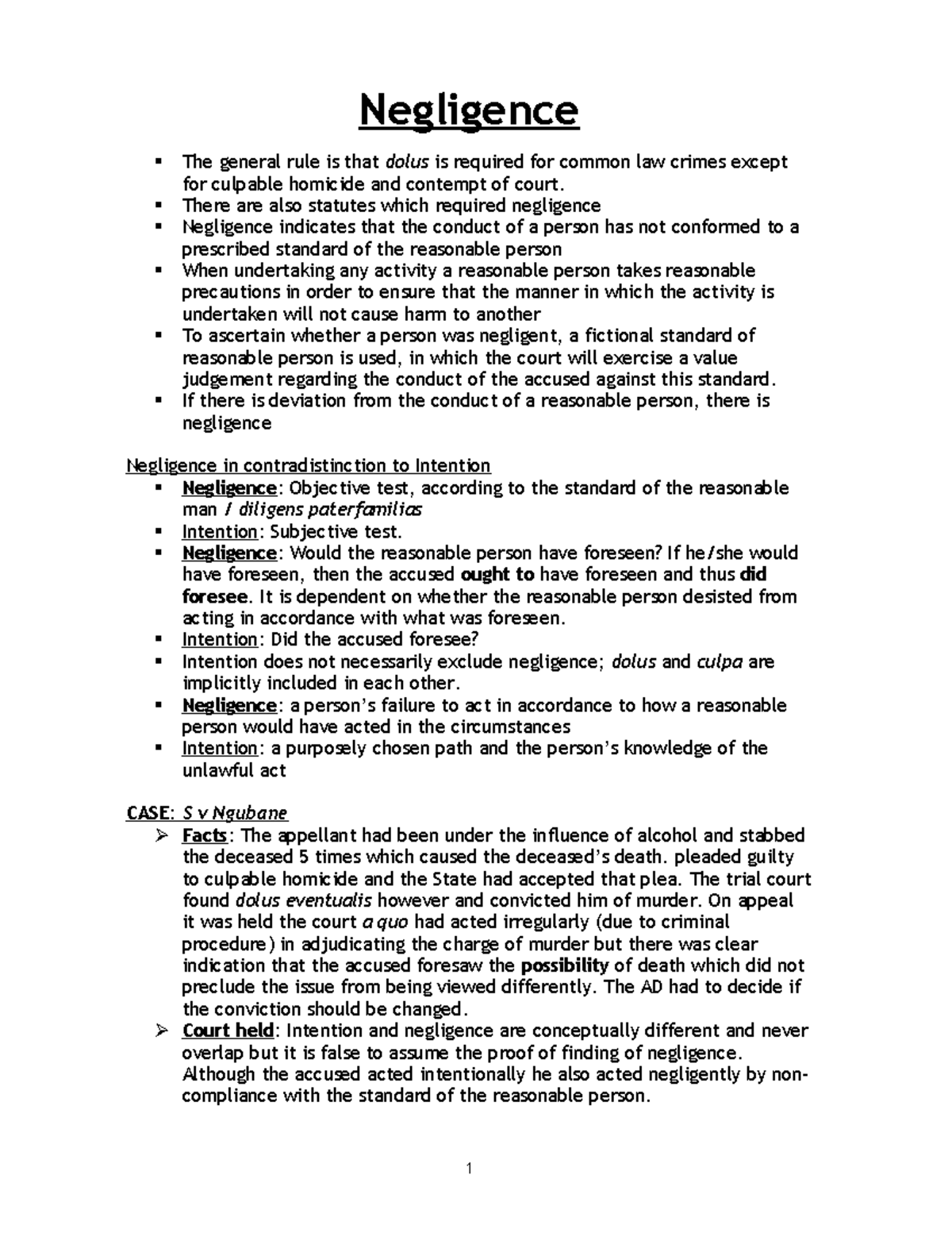 06CR - Negligence - Notes. - Negligence The General Rule Is That Dolus ...