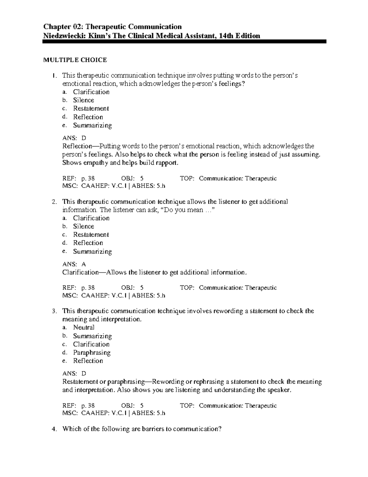 2-1 - Chapter 02: Therapeutic Communication Niedzwiecki: Kinn’s The ...