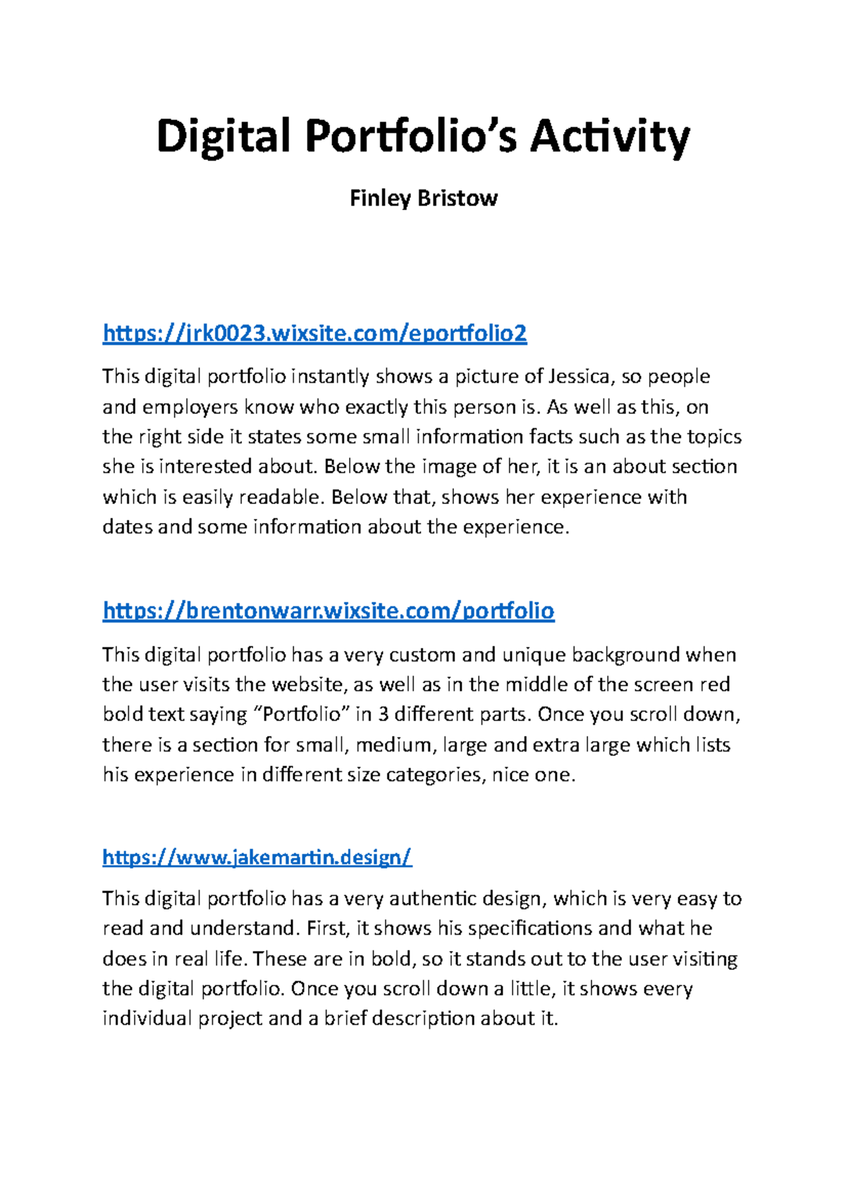 Digital Portfolio Notes - Digital Portfolio’s Activity Finley Bristow ...