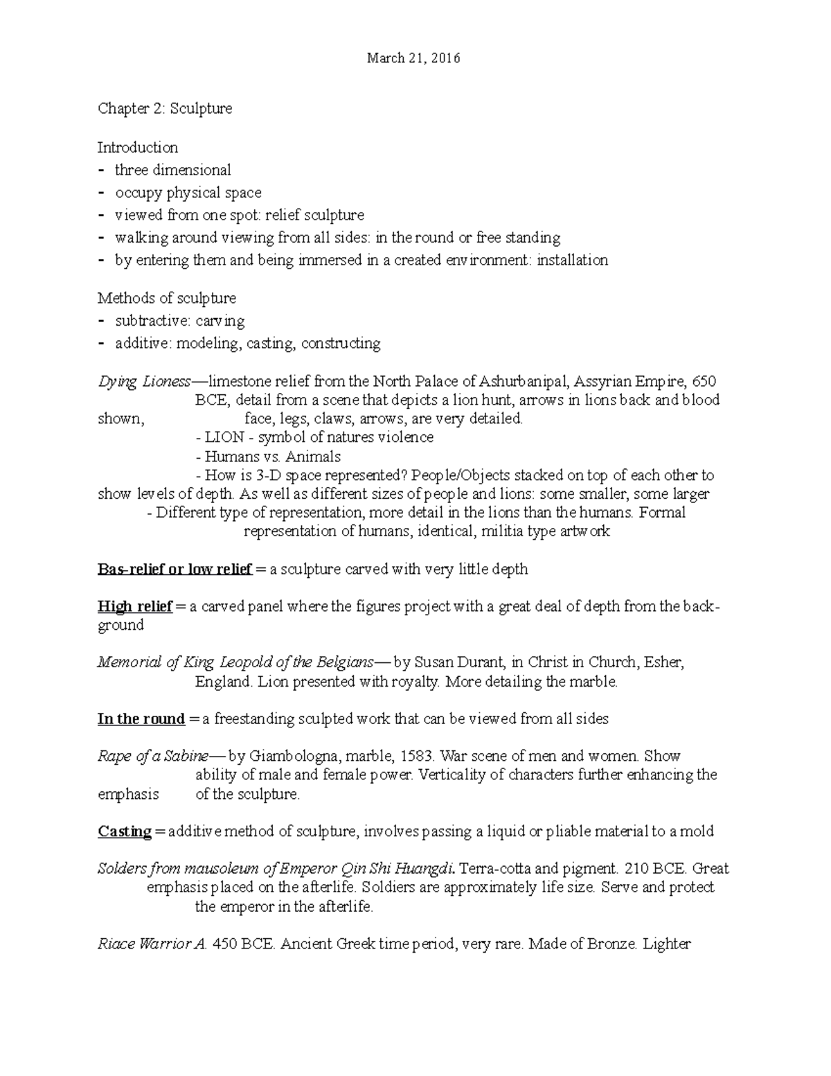 3:21:16 Art Appreciation Notes - March 21, 2016 Chapter 2: Sculpture ...