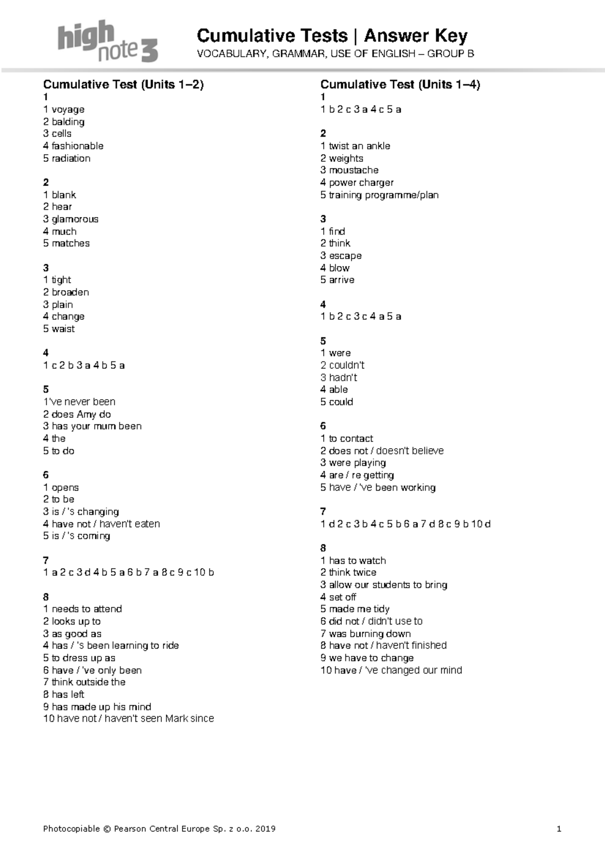 High Note 3 AK Cumulative Tests B - Cumulative Tests | Answer Key ...