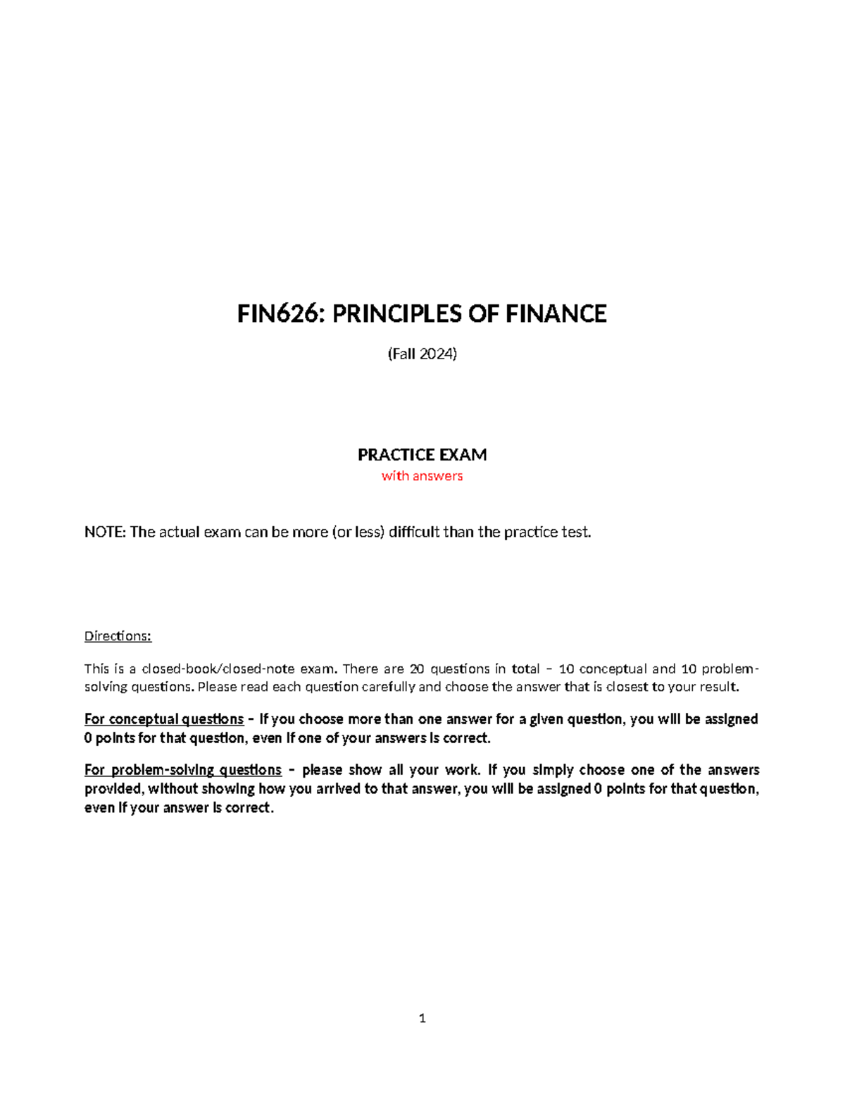 Practice Exam (with answers) - FIN626: PRINCIPLES OF FINANCE (Fall 2024 ...