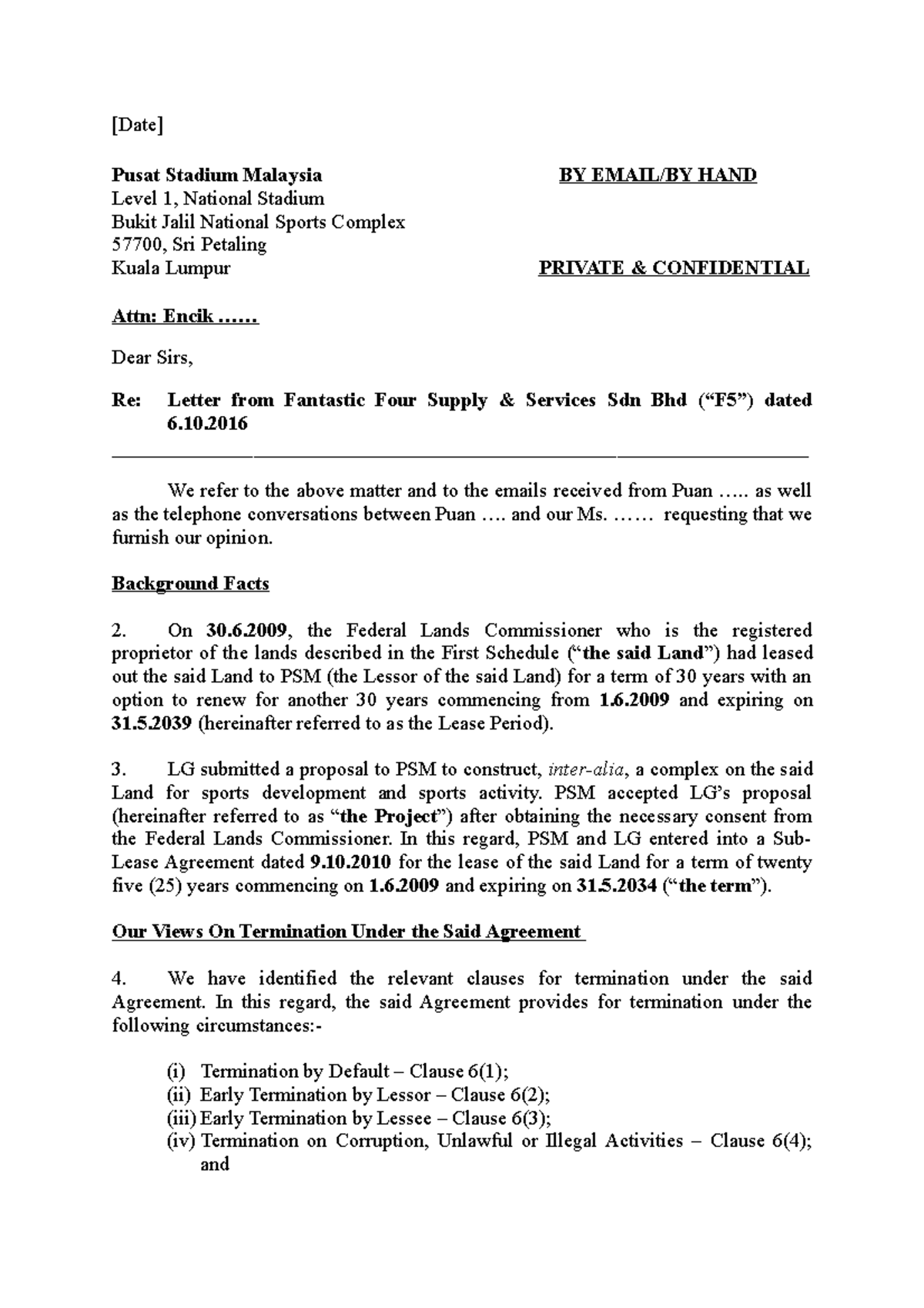 Example 2 Opinion Letter Owcontract Date Pusat Stadium Malaysia By Email By Hand Level 1 Studocu