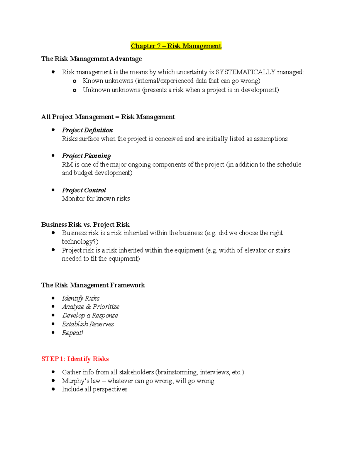 Chapter 7 & 14 Notes - Chapter 7 – Risk Management The Risk Management ...