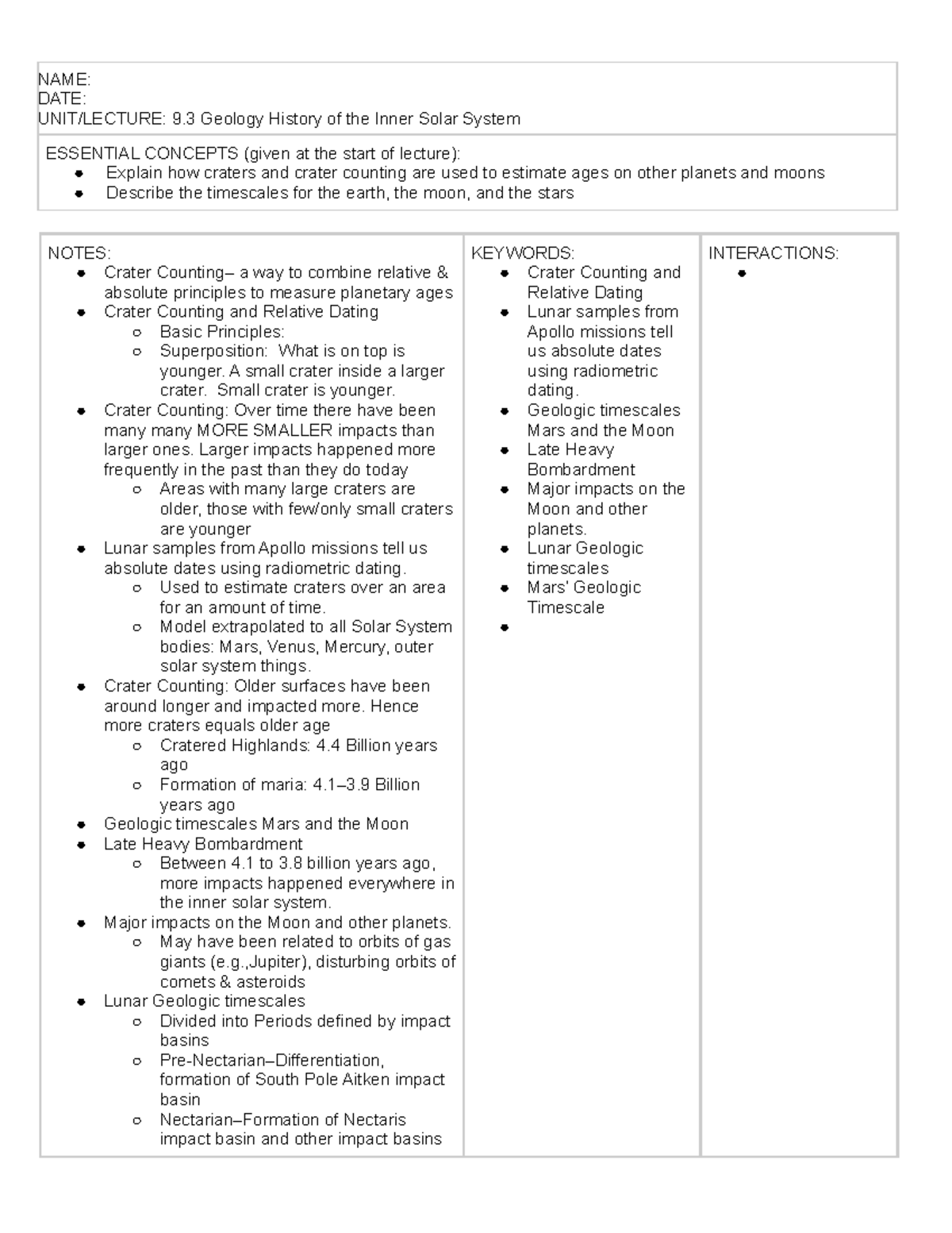 9.3 3-Column Notes - NAME: DATE: UNIT/LECTURE: 9 Geology History of the ...
