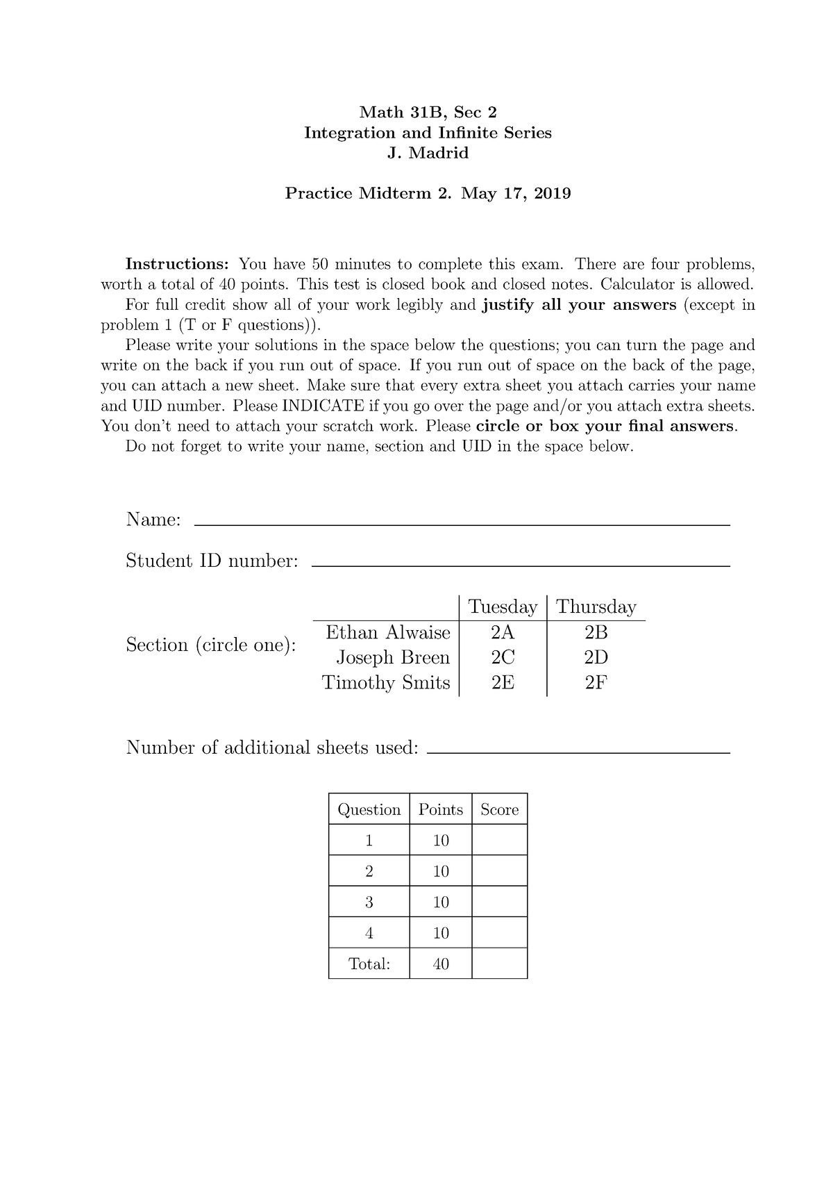 31B Practice Midterm 2 - Math 31B, Sec 2 Integration And Infinite ...