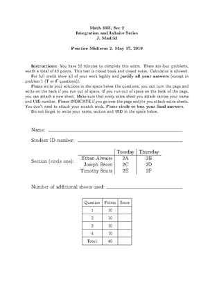 Math 31B - Worksheet 3 - Professor Andrews - MATH 31B - ϭ Ϯ κ - Studocu