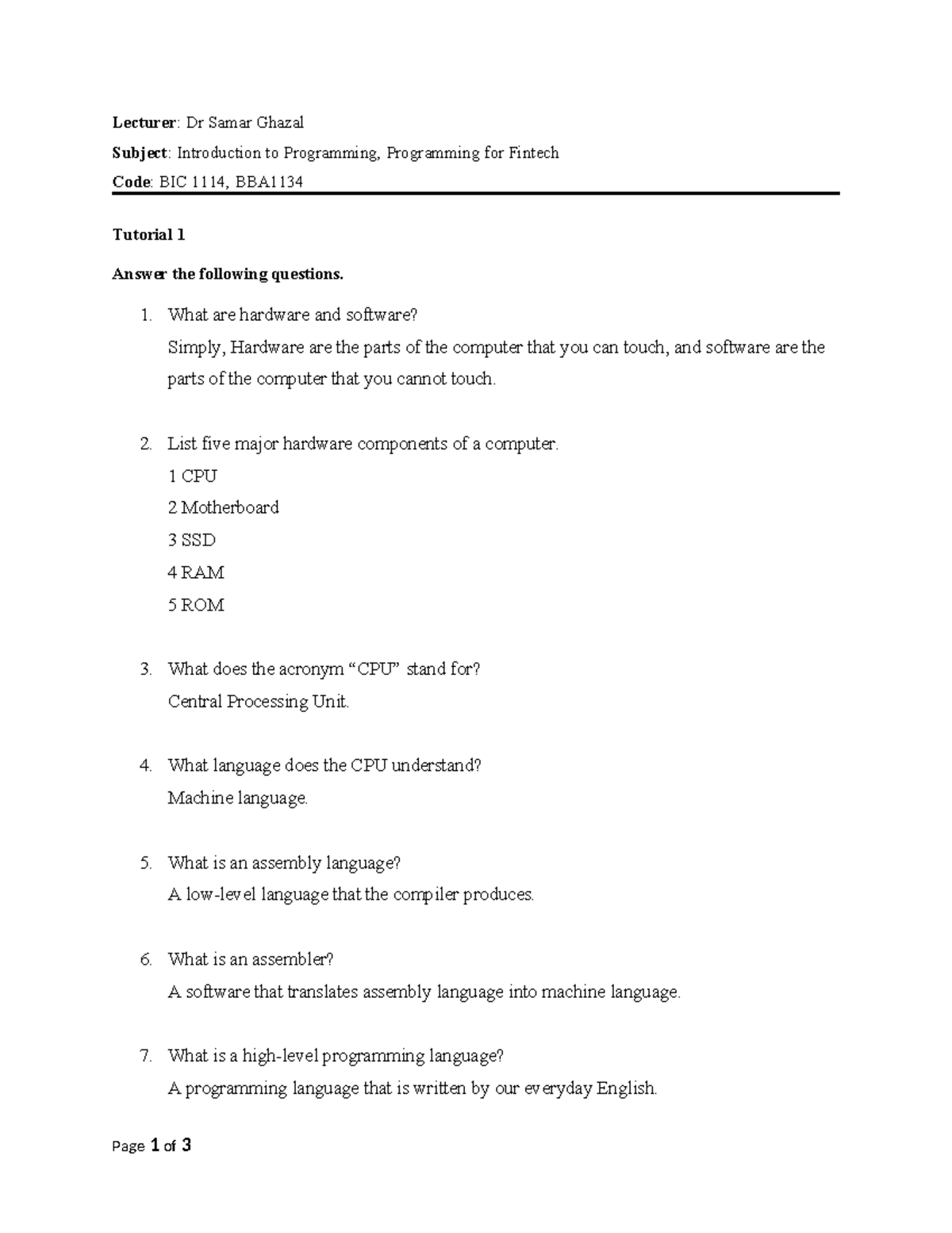 Tutorial 1 Programming Lecturer Dr Samar Ghazal Subject