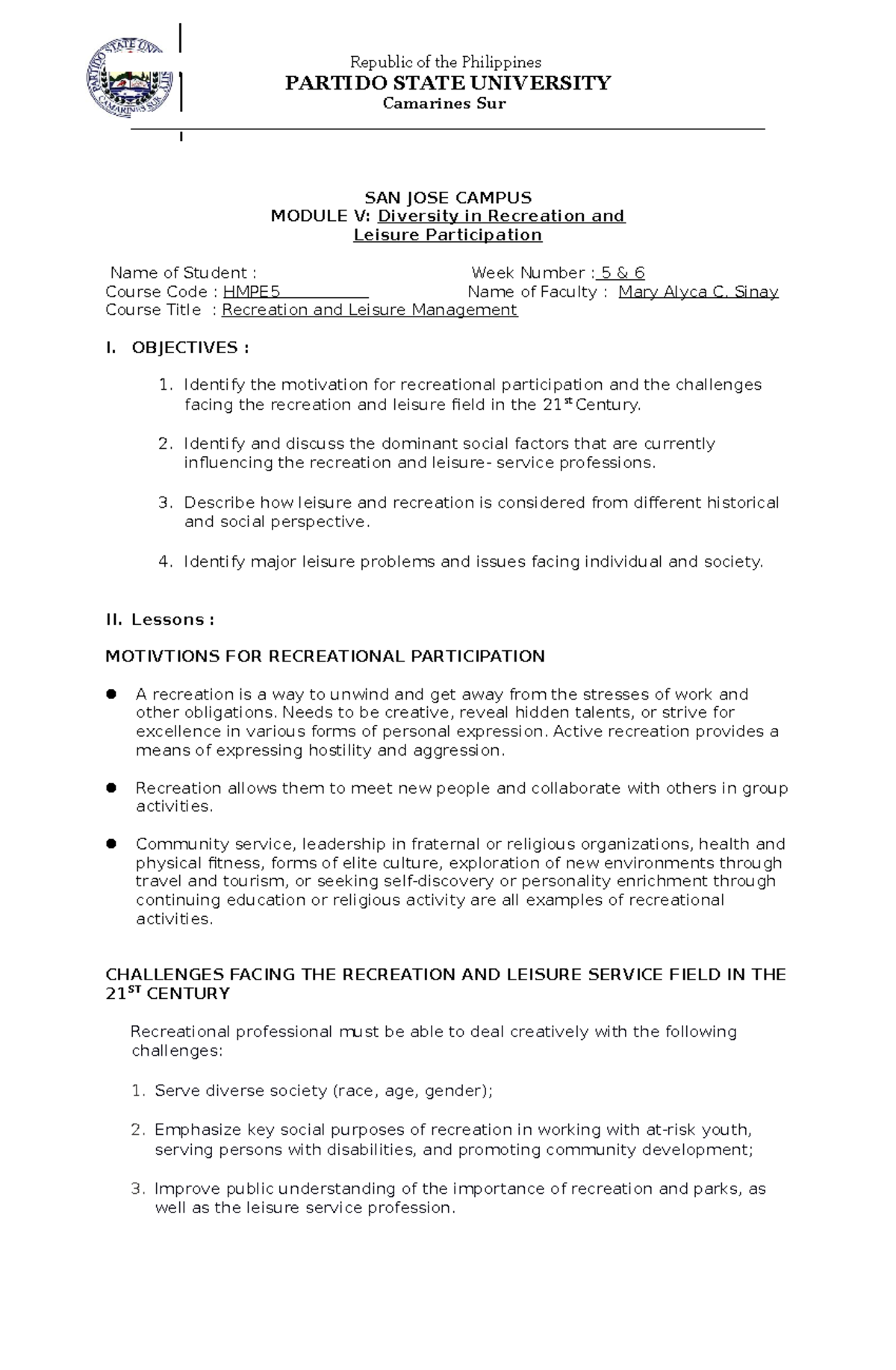 HMPE5- Module 5 - n/a - PARTIDO STATE UNIVERSITY Camarines Sur SAN JOSE ...