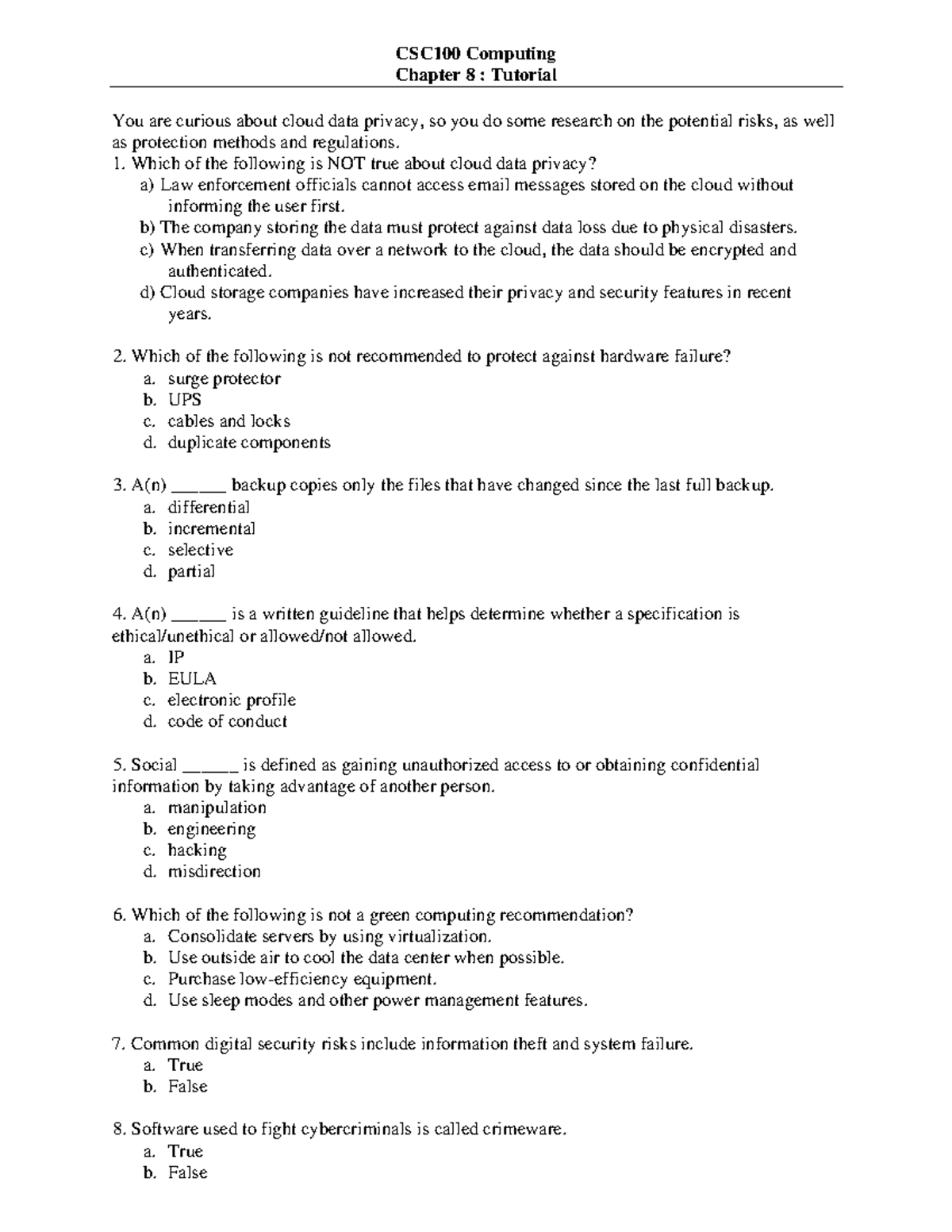 Chapter 8 Tutorial questions - CSC10 0 Computing Chapter 8 : Tutorial ...