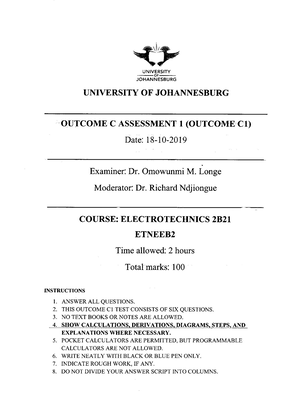 Electrotechnics 1 Outcome A TEST 3 MEMO - UNIVERSITY OF JOHANNESBURG ...