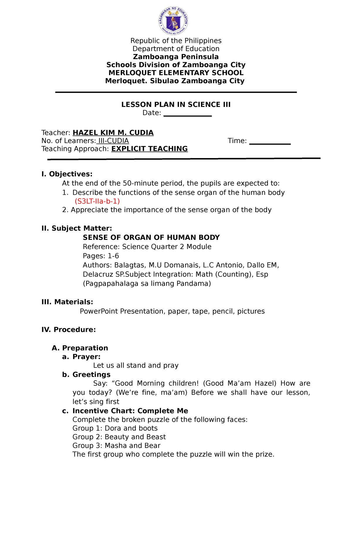 Lesson PLAN 5 Senses COT 1 SY - Republic of the Philippines Department ...