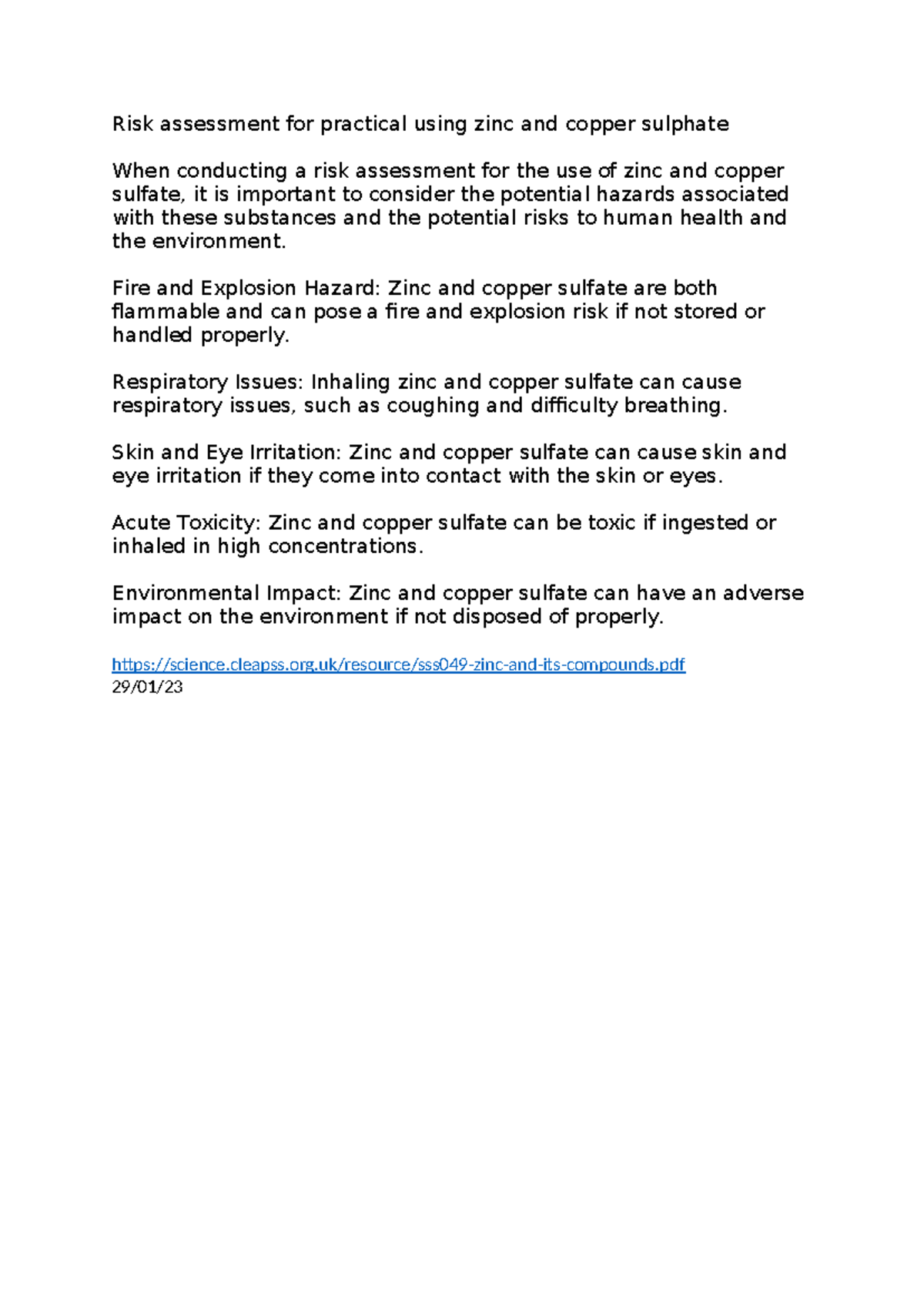 Risk assessment zinc 2022 Risk assessment for practical using zinc