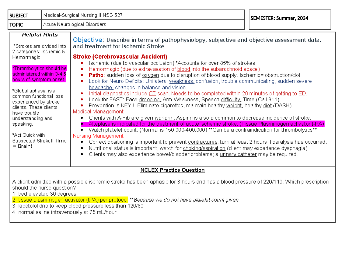 Unit 12 Student Notes - Helpful Hints *Strokes are divided into 2 ...