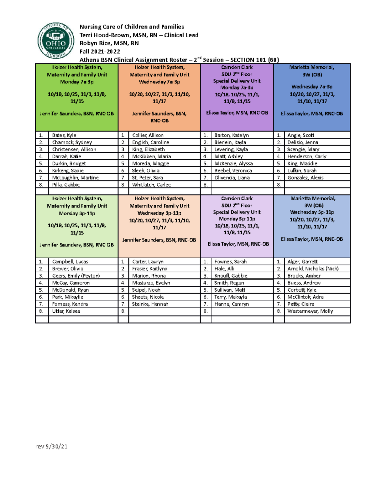 4141 Maternity Clinical Roster 2nd Session Sec 101 (Student) rev9.30.21 ...
