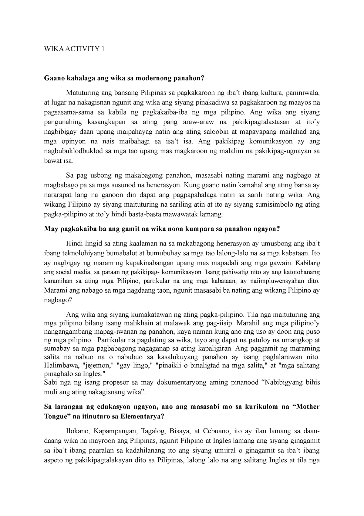 WIKA Activity 1 And 2 - Gaano Kahalaga Ang Wika Sa Modernong Panahon ...