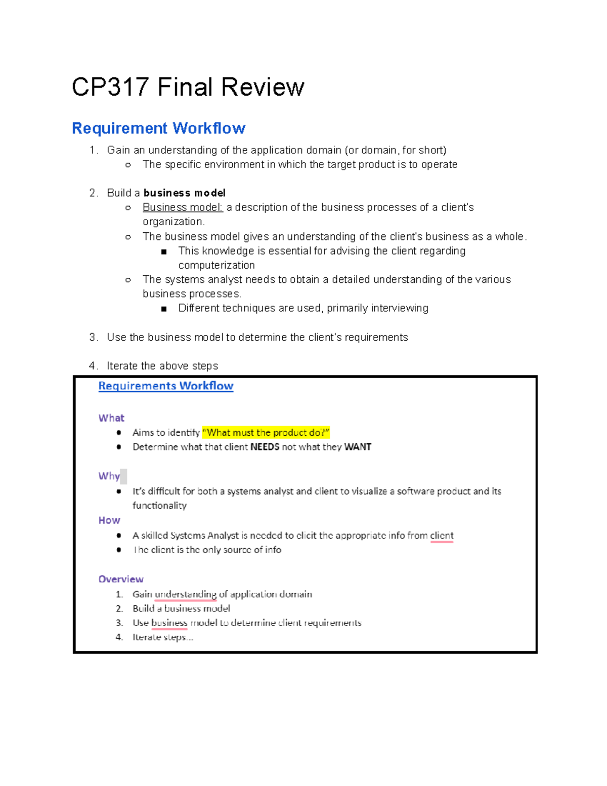 CP 317 Final Review - CP317 Final Review Requirement Workflow Gain an ...