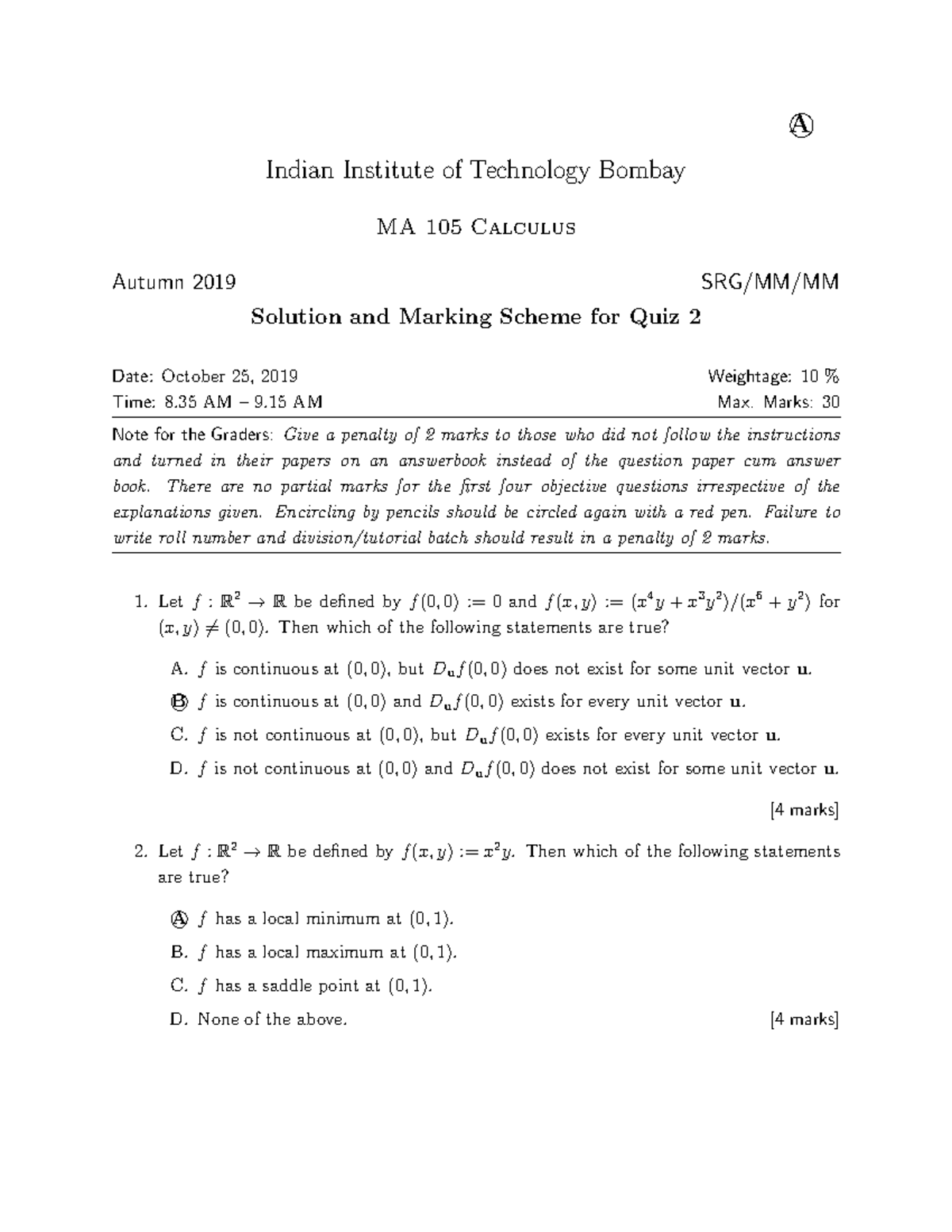 MA105 QUIZ 2 CODE A Question Paper & Solution - A© Indian Institute Of ...