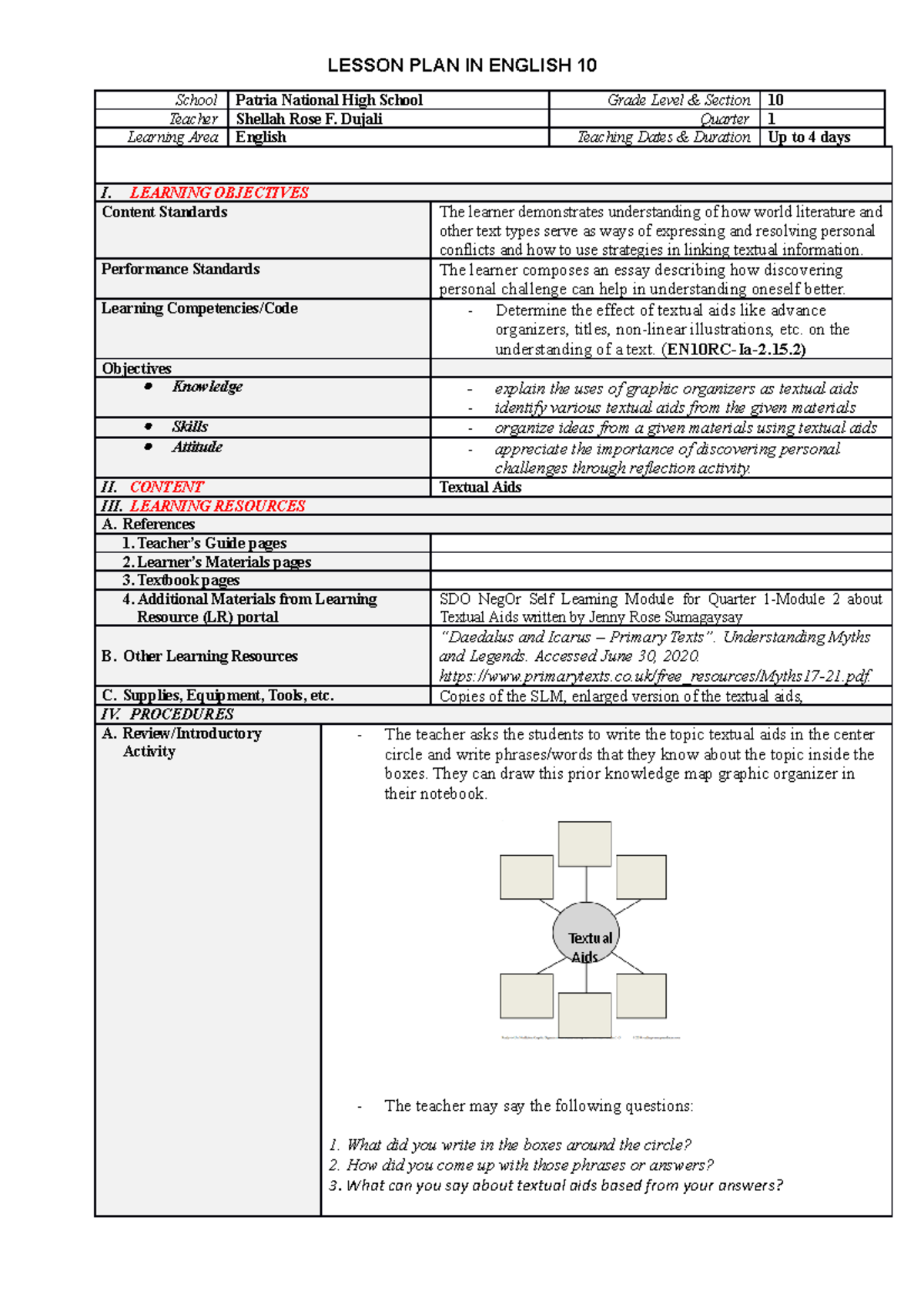 DLP-ENG10-Q1-MELC-2-WEEK 2 - LESSON PLAN IN ENGLISH 10 School Patria ...