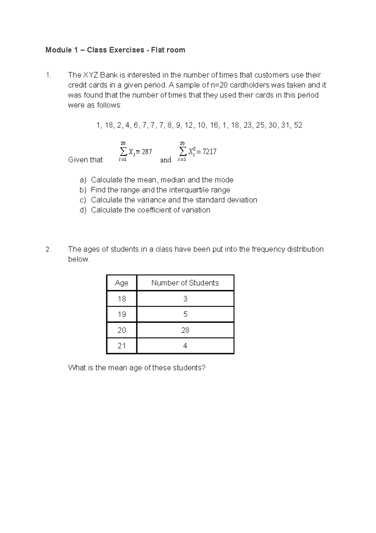 module 1 practice materials - Module 1 – Class Exercises - Flat room ...