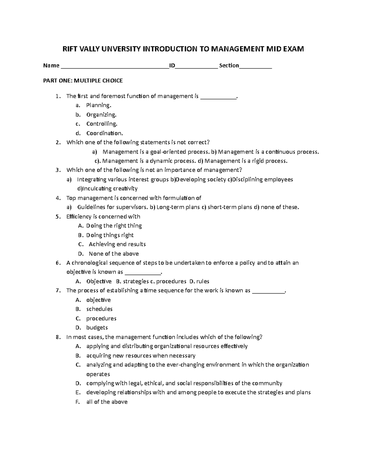 RIFT Vally Unversity Introduction TO Management MID EXAM - RIFT VALLY ...