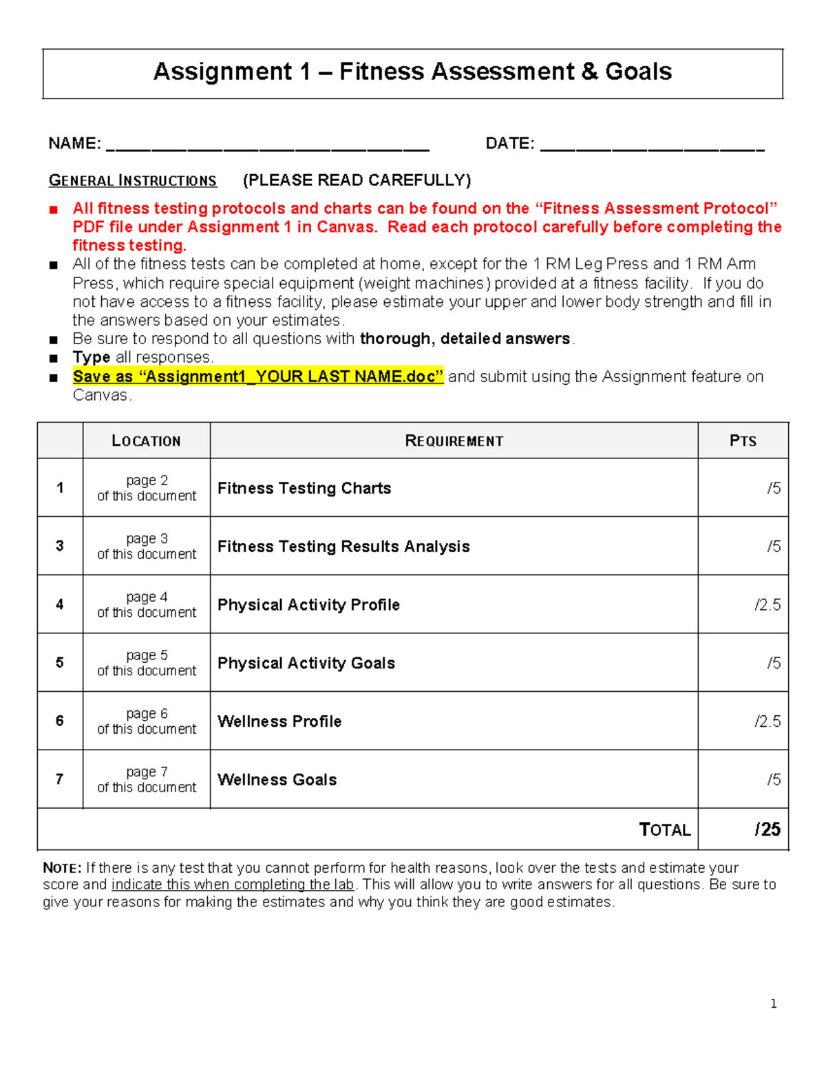 KIN 100 ADP - Assignment 1 - 25 pts - Assignment 1 – Fitness Assessment ...