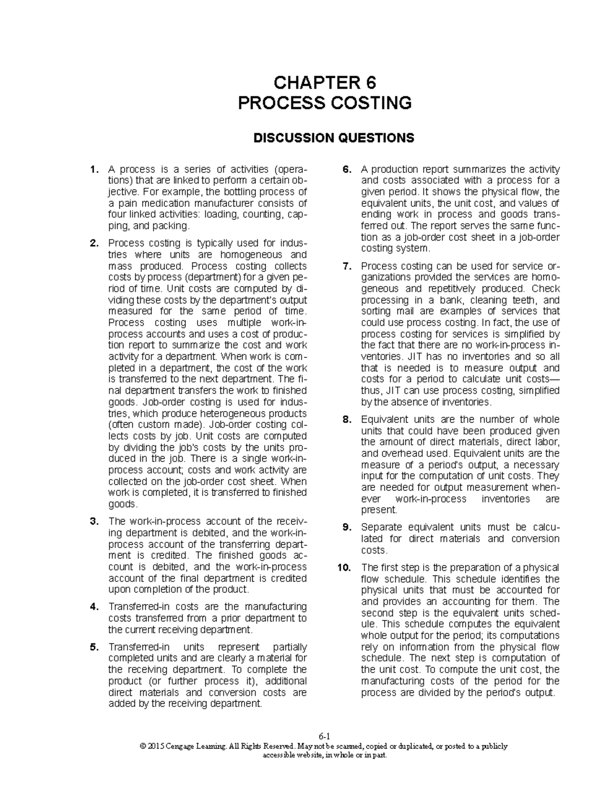 HMCost 3e SM Ch06 - solution - CHAPTER 6 PROCESS COSTING DISCUSSION ...