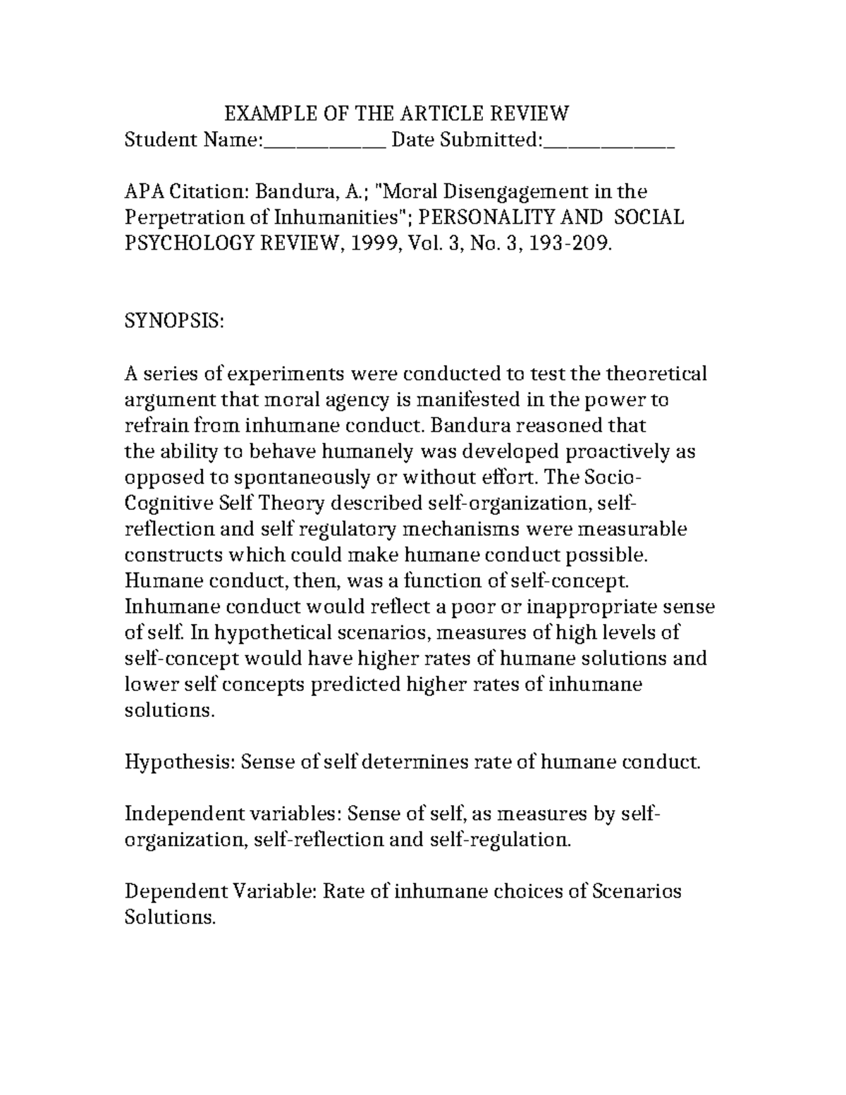 Example OF THE Article Review - EXAMPLE OF THE ARTICLE REVIEW Student ...