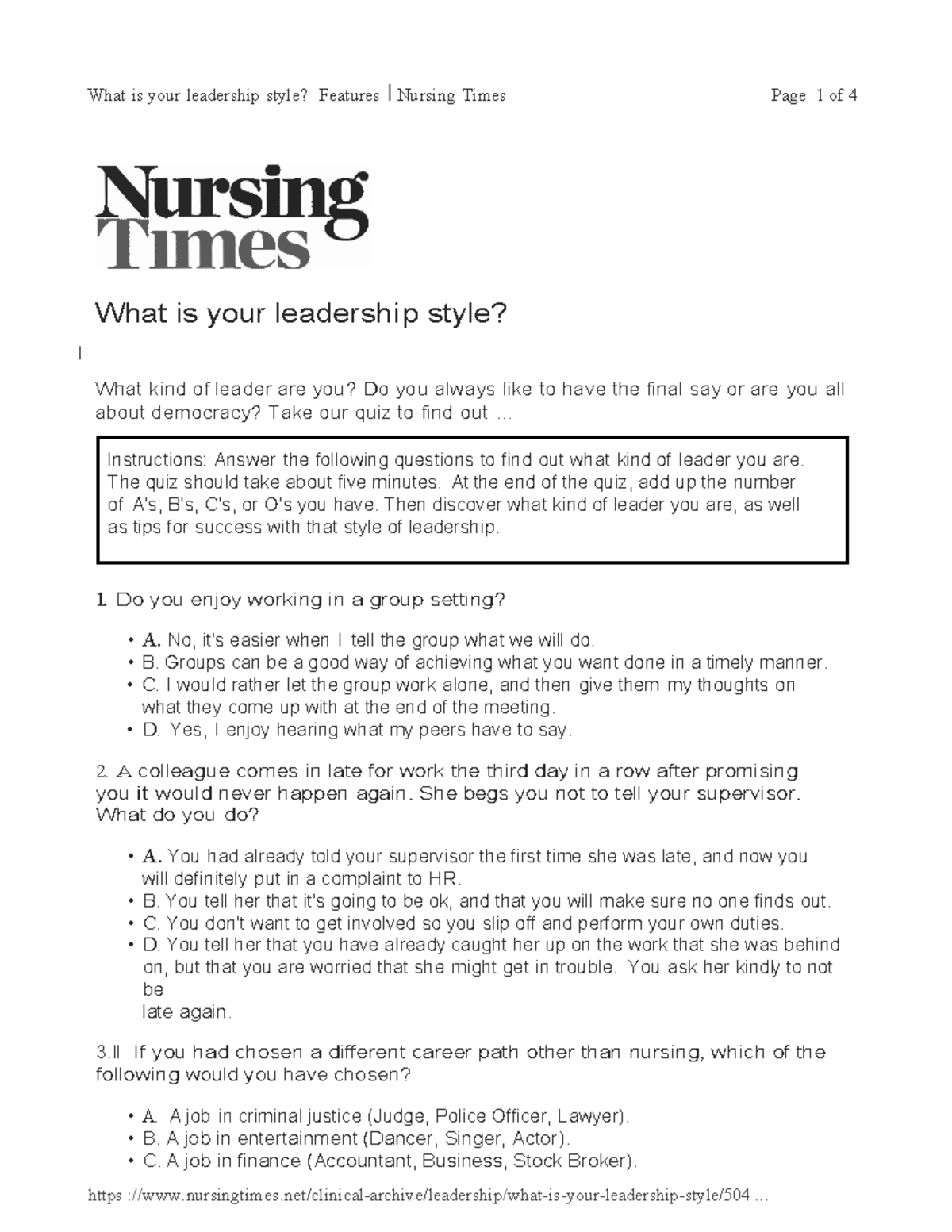 Leadership Quiz - https :nursingtimes/clinical-archive/leadership/what ...
