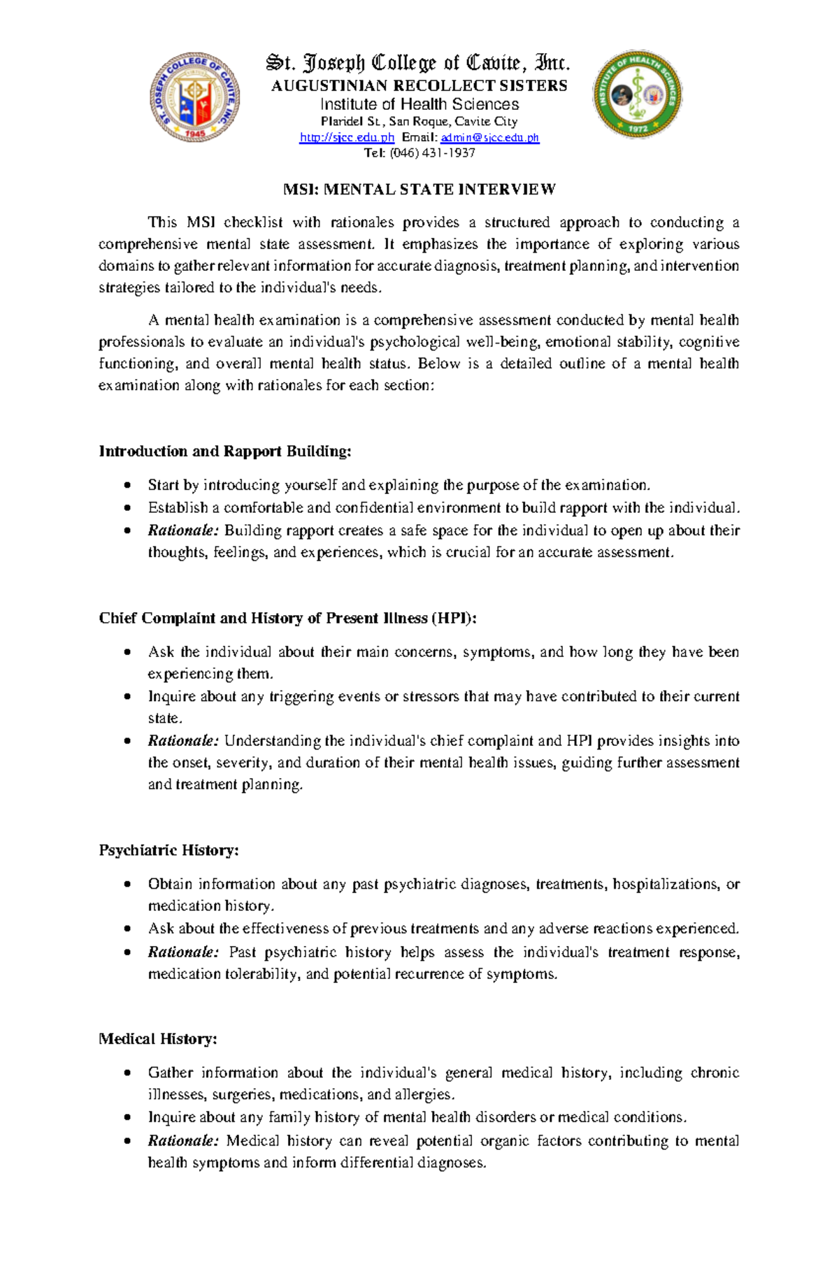 MSI Mental State Interview - St. Joseph College of Cavite, Inc ...