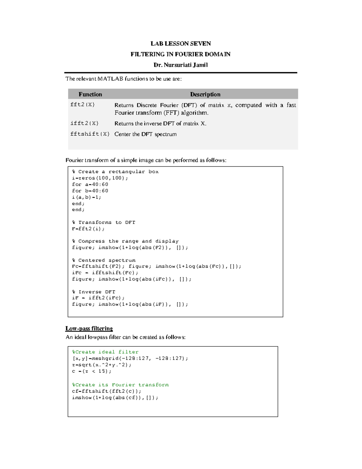 LAB Lesson Seven - lab - LAB LESSON SEVEN FILTERING IN FOURIER DOMAIN ...