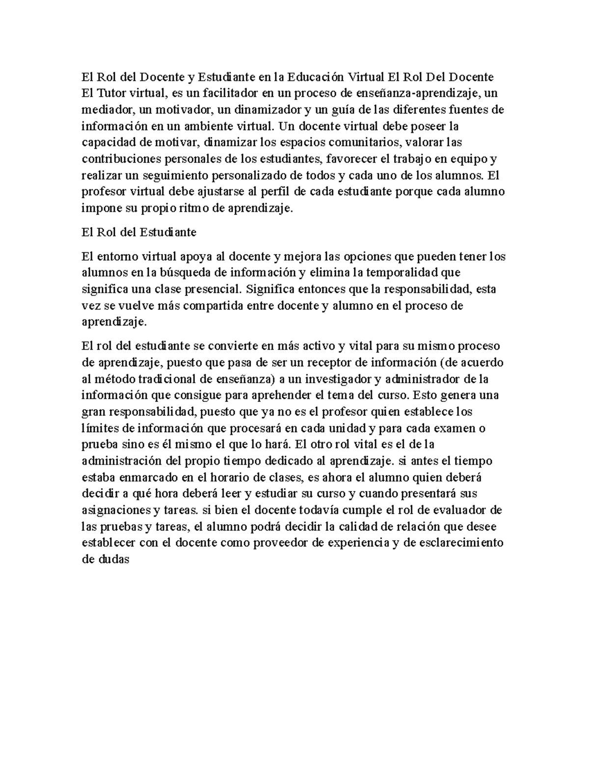 El Rol del Docente y Estudiante en la Educación Virtual El Rol Del ...