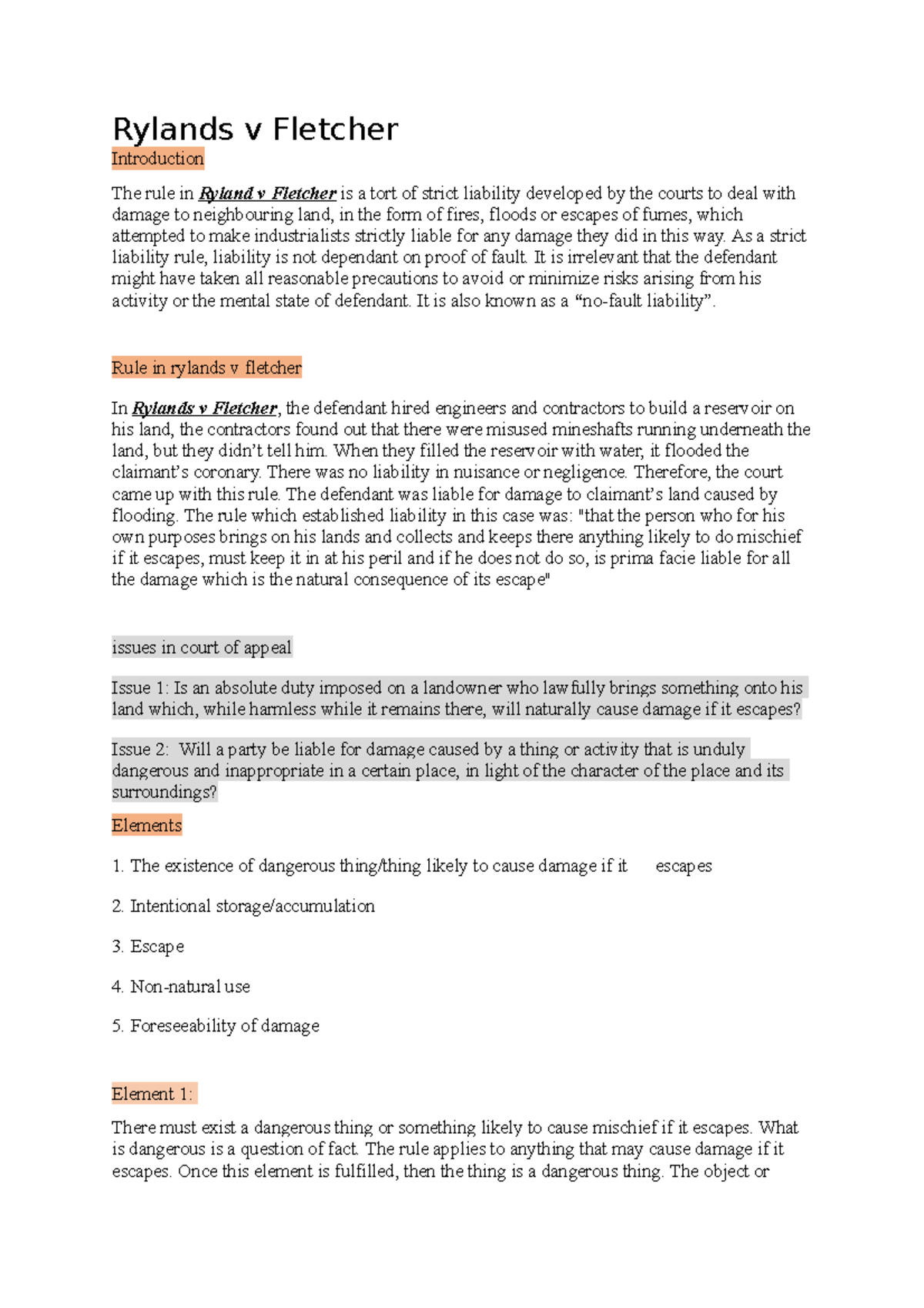 Notes on Rylands v Fletcher Rylands v Fletcher Introduction The rule