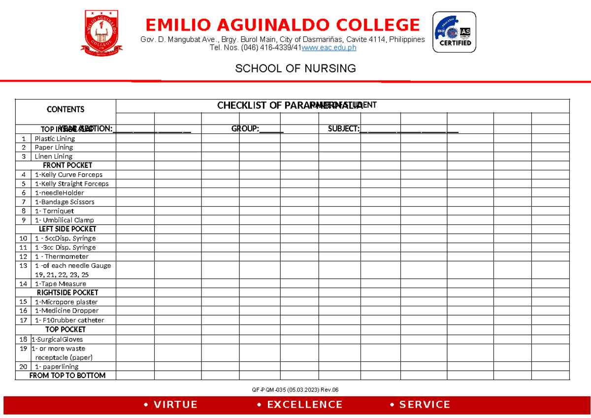 CHN-Paraphernalia-Checklist - VIRTUE • EXCELLENCE • SERVICE EMILIO ...