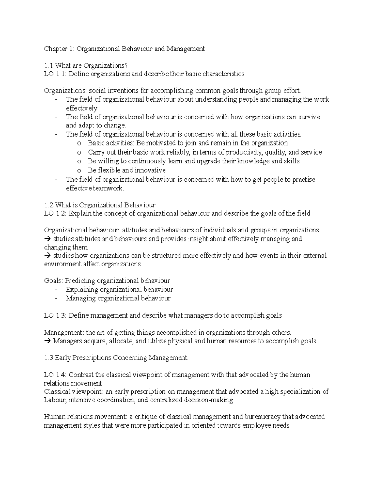 Chapter 1 Book Notes Comm 222 - Chapter 1: Organizational Behaviour And ...