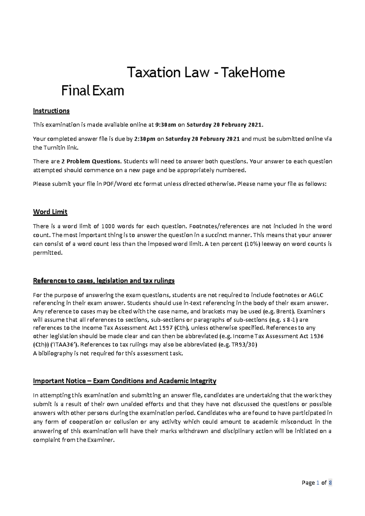 MAH - Taxation Law Final Sum20 - Taxation Law – Take Home Final Exam ...