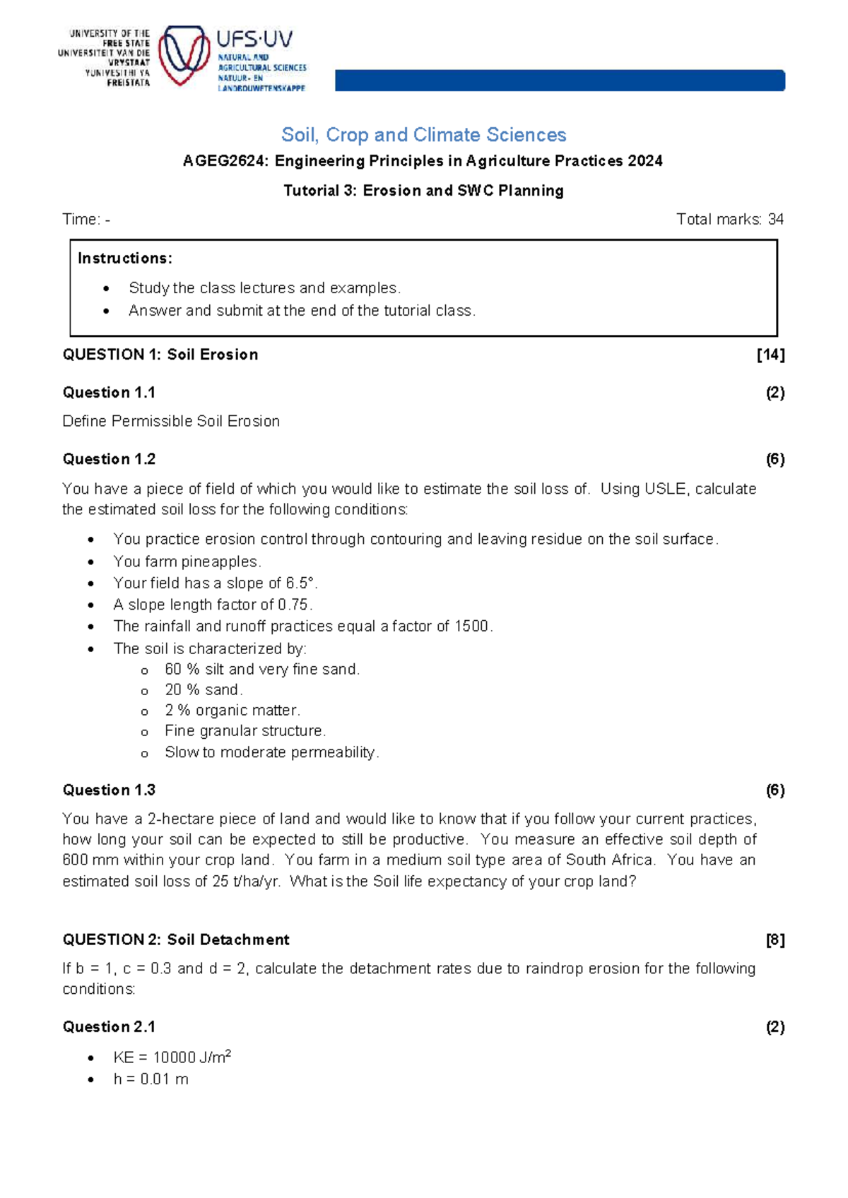 Aageg 2624 Tutorial 3A 2024 Soil, Crop and Climate Sciences AGEG2624