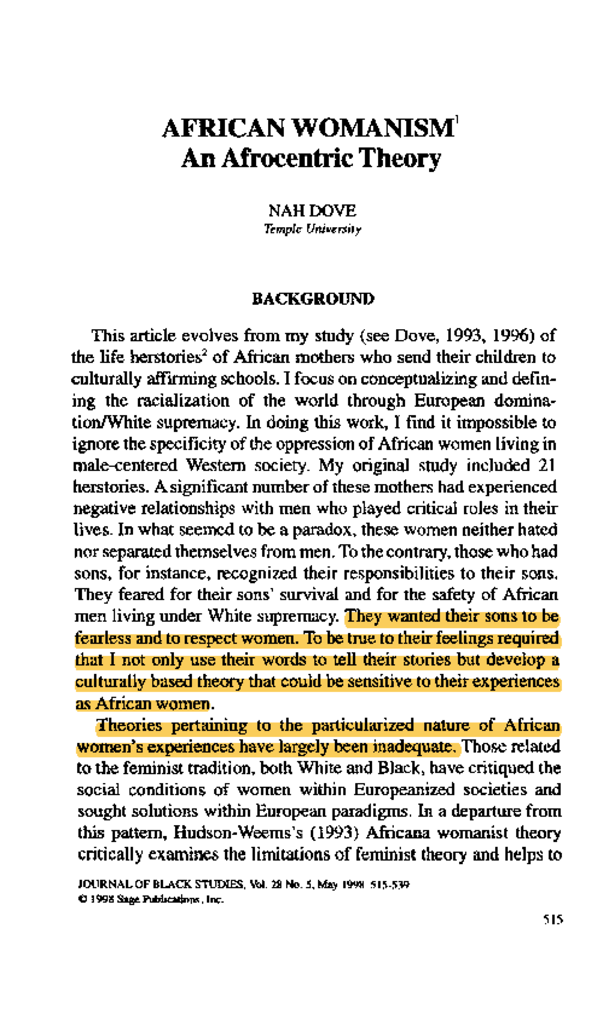 Dove An African Womanism - 515 AFRICAN WOMANISM 1 An Afrocentric Theory ...