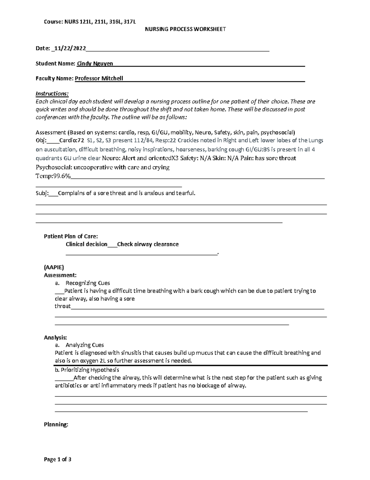 Nursing Process Worksheet Updated 6-22 (1) - Course: NURS 121L, 211L ...