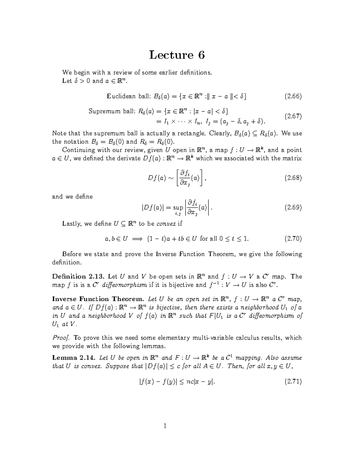 Inverse Function Theorem - Lecture 6 We Begin With A Review Of Some 