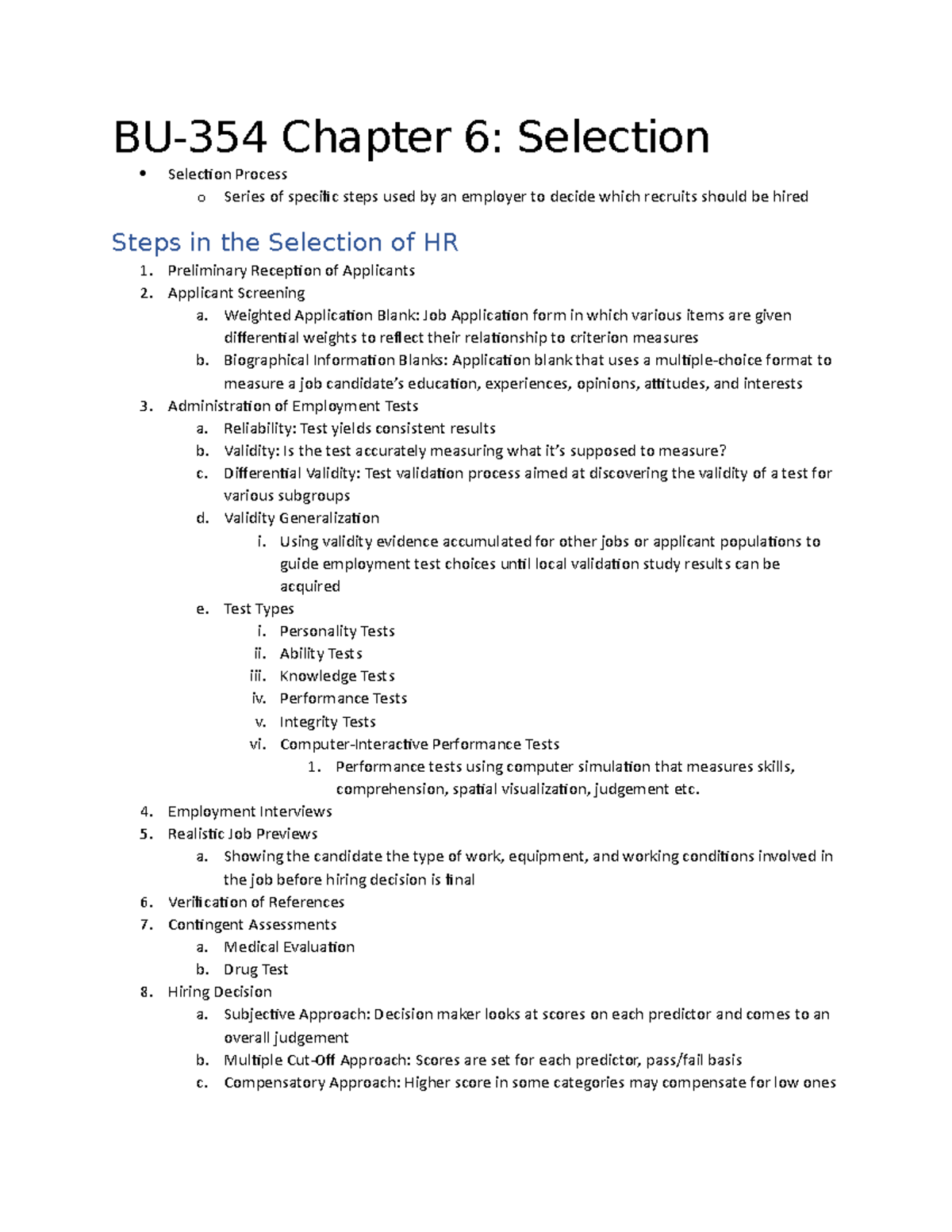 BU 354 Chapter 6 - BU-354 Chapter 6: Selection Selection Process o ...