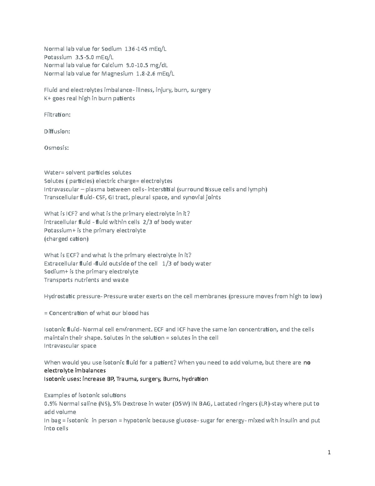 Electrolytes LECTURE AND OUTLINE Normal lab value for Sodium 136145