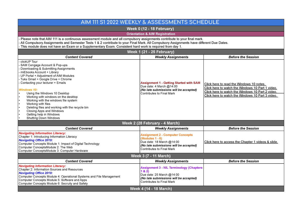 AIM 111 S1 2022 Weekly & Assessments Schedule Weekly & Assessments