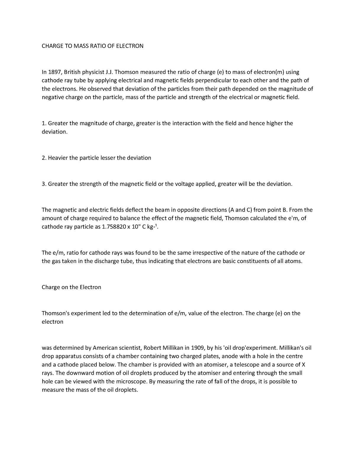 J. J. THOMSON EXPERIMENT (Charge to Mass Ratio for Electron)