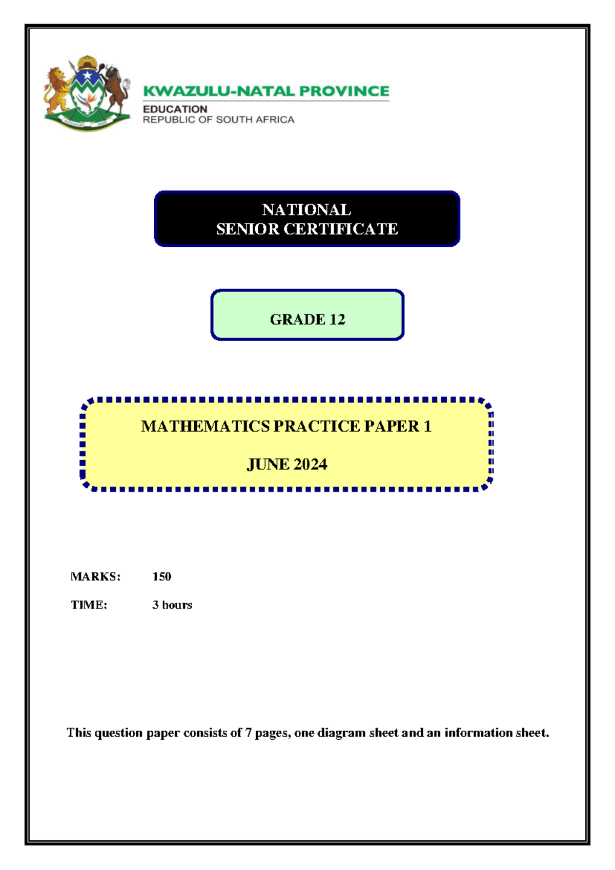 KZN Practice P1 JUNE 2024 Gr. 12 Maths Question Paper MARKS